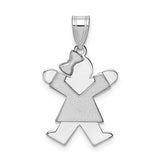 14k white gold girl pendant with bow on left, engravable charm, crafted by Solomon Jewelers, ideal for personalized jewelry.