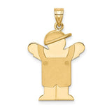 14k solid gold boy in overalls and hat charm, engravable pendant from Solomon Jewelers, ideal for personalized jewelry.