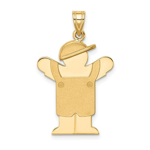14k solid gold boy in overalls and hat charm, engravable pendant from Solomon Jewelers, ideal for personalized jewelry.