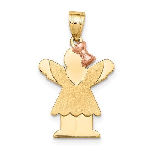 14k two-tone gold girl with bow charm, small engravable pendant for necklaces, by Solomon Jewelers