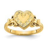 14k yellow gold heart-shaped locket ring with 10mm size and space for 8x8mm photos, crafted by Solomon Jewelers.