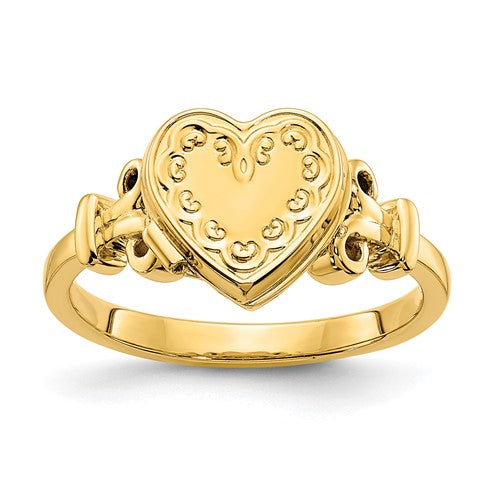 14k yellow gold heart-shaped locket ring with 10mm size and space for 8x8mm photos, crafted by Solomon Jewelers.