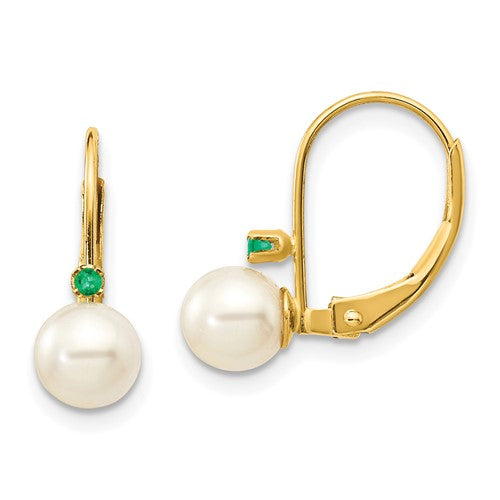 14k-5-5-5mm-white-round-fw-cultured-pearl-emerald-leverback-earrings-SolomonJeweler-Wichita-KS-CustomJewelry