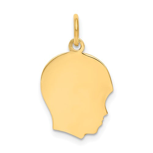 14k gold Boy Head charm with .009 gauge facing right, engravable, in Solomon Jewelers' collection of gold pendants and charms.