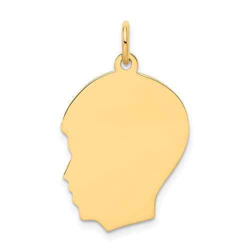 14k gold boy head charm with medium gauge facing left, engravable, from Solomon Jewelers in a classic pendant design.