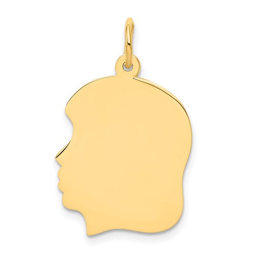 14k gold girl head charm pendant with facing left design, engravable, medium size, from Solomon Jewelers, jewelry accessory.