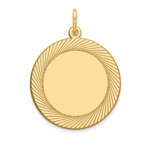 14k gold etched circular charm with engravable surface, .027 gauge, ideal for necklaces or bracelets, from Solomon Jewelers.