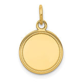 14k gold round disc charm with engravable surface, 0.11 inch gauge, ideal for necklaces or bracelets, from Solomon Jewelers.