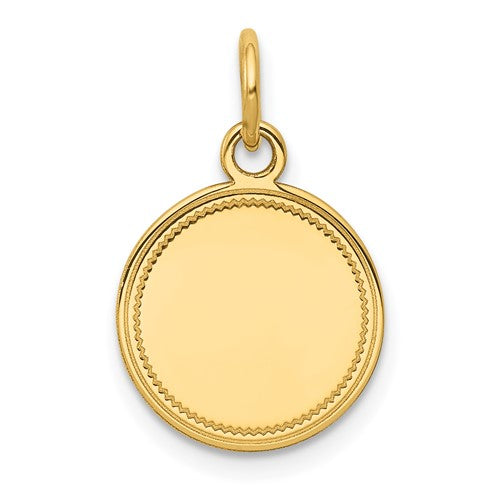14k gold round disc charm with engravable surface, 0.11 inch gauge, ideal for necklaces or bracelets, from Solomon Jewelers.