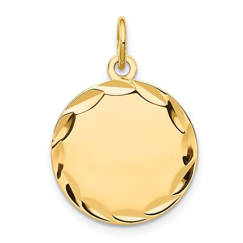 Gold pendant charm with etched design, 14k round disc, .027 gauge, engravable, from Solomon Jewelers.