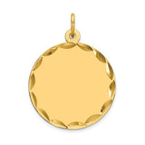 14k gold engraved round disc charm with .011 gauge, suitable for pendants and charms, by Solomon Jewelers.