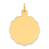 14k gold scalloped disc charm with engravable surface, ideal for necklaces or bracelets, from Solomon Jewelers.