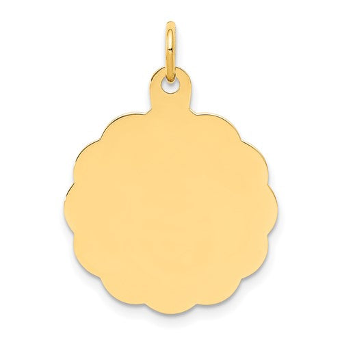 14k gold scalloped disc charm with engravable surface, ideal for necklaces or bracelets, from Solomon Jewelers.