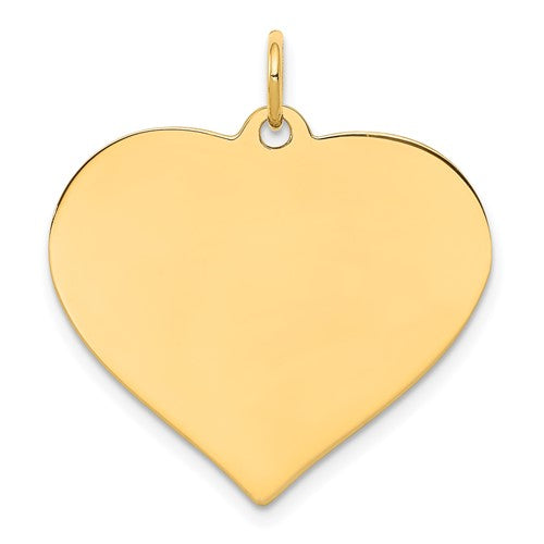 Gold heart disc charm with engravable surface, 14k plain gold pendant, suitable for custom engraving, from Solomon Jewelers.