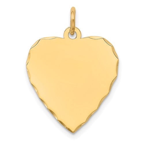 14k gold etched heart disc charm with engravable surface, perfect for jewelry pendants and charms.