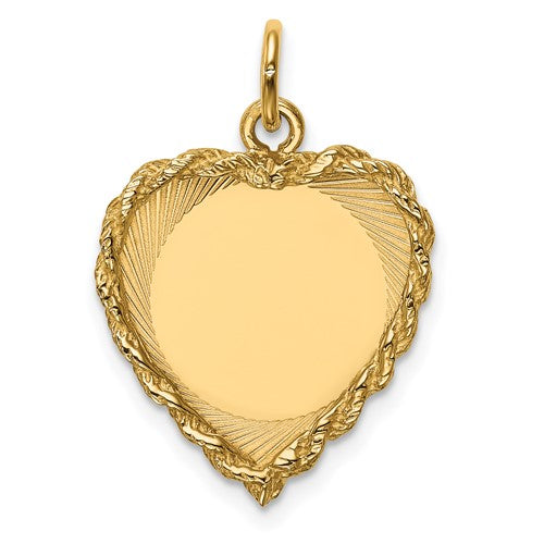 14k polished gold heart charm with engravable surface and rope disc design, ideal for necklaces or bracelets.