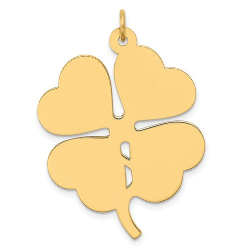14k gold engravable clover disc charm with .018 gauge, perfect for necklaces or bracelets from Solomon Jewelers.