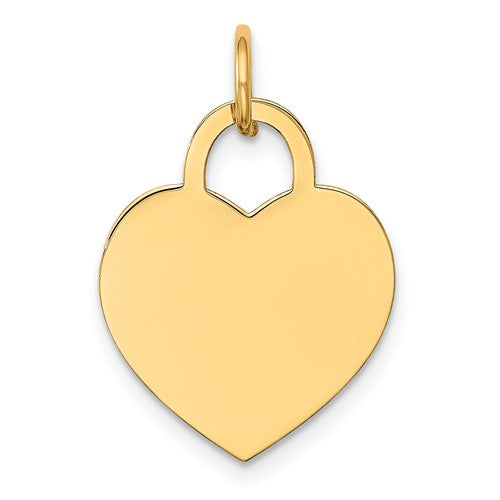 14k gold heart charm pendant with engravable surface, designed for necklaces or bracelets, by Solomon Jewelers.