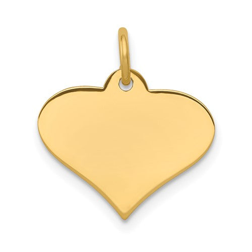 14k gold engraveable heart disc charm from Solomon Jewelers, 0.13 gauge pendant with smooth, plain finish and space for custom engraving.