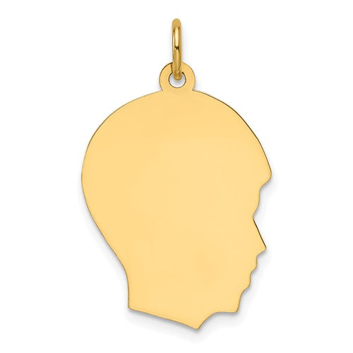14k gold boy head charm pendant with facing right design, engravable, medium gauge, from Solomon Jewelers, perfect for necklaces.