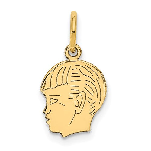 14k gold engravable boy head charm pendant with .018 depth, perfect for personalized jewelry from Solomon Jewelers.