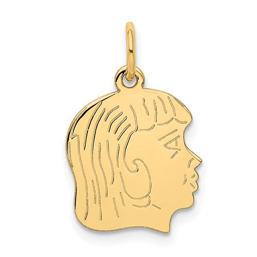 14k gold girl head charm with engravable design, perfect for pendants and jewelry from Solomon Jewelers.
