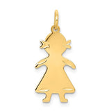 14k gold engravable girl charm pendant with .011 depth, jewelry piece from Solomon Jewelers featuring detailed design.
