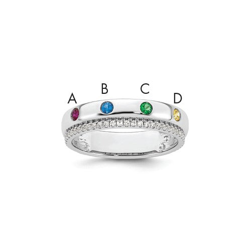 14k white gold mother's ring with four birthstones and diamonds, featuring a semi-mount design.