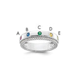 14k white gold mother's ring with five birthstones and diamond accents, showcasing elegant jewelry design.