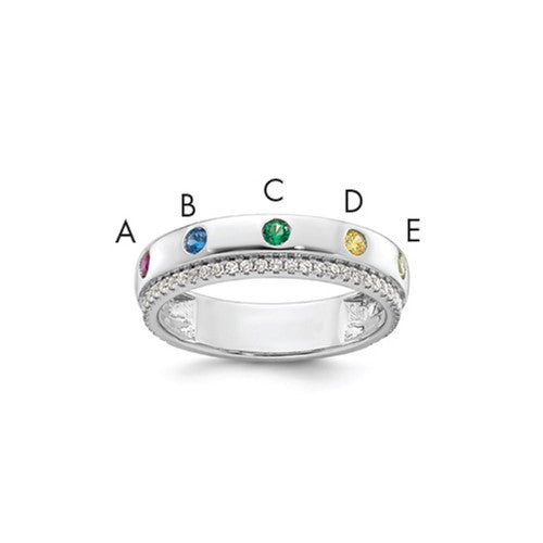 14k white gold mother's ring with five birthstones and diamond accents, showcasing elegant jewelry design.