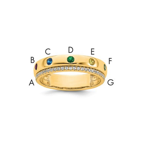 14k gold mother's ring with seven birthstones and diamonds, featuring a semi-mount design by Solomon Jewelers.