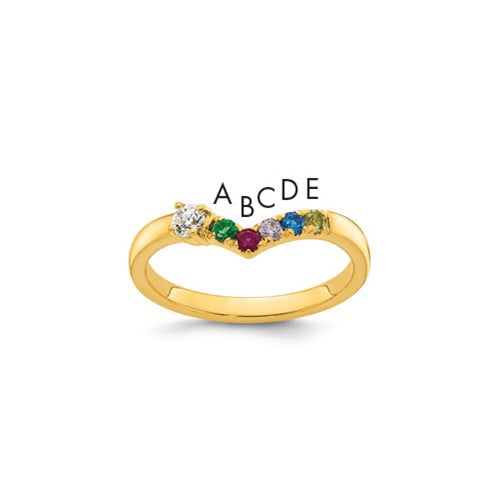 14k gold mother's ring with five birthstones and diamond accents, featuring a Solomon Jewelers ring mounting.