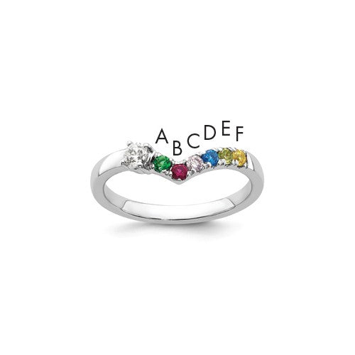 14k white gold birthstone ring with diamond accent in Mother's ring mounting, featuring six birthstones, from Solomon Jewelers.