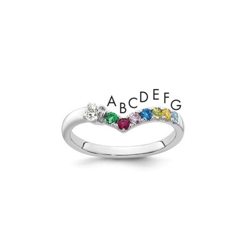 14k white gold mother's ring with seven birthstones and a diamond, featuring a Solomon Jewelers mounting.