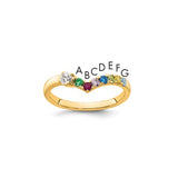 14k gold mother's ring with seven birthstones and diamond accents, featuring a stylish and elegant ring mounting by Solomon Jewelers.
