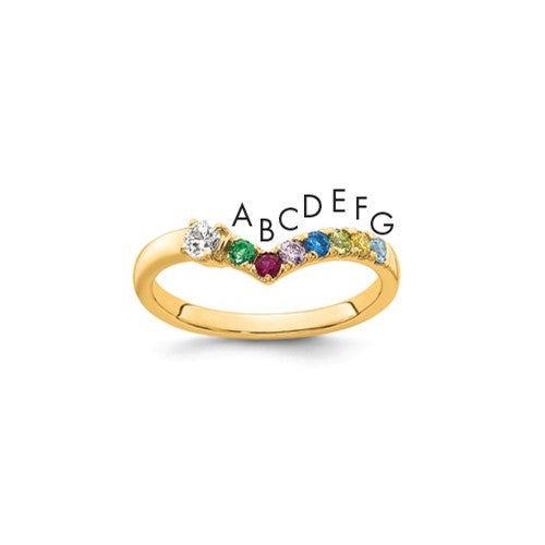 14k gold mother's ring with seven birthstones and diamond accents, featuring a stylish and elegant ring mounting by Solomon Jewelers.