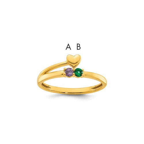 14k gold heart and two birthstone mother's ring mounting by Solomon Jewelers, showcasing detailed craftsmanship and gemstones.