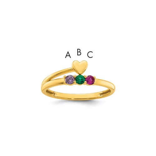14k gold heart with three birthstone gemstones in a Solomon Jewelers mother's ring mounting, showcasing elegant jewelry design.