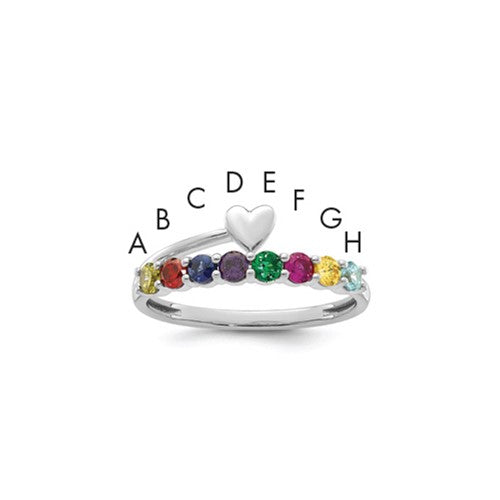 14k white gold mother's ring with heart-shaped setting and eight birthstones, crafted by Solomon Jewelers.