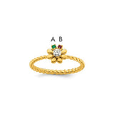 14k gold Mother's ring with two birthstone flowers and diamond accents, showcasing elegant jewelry craftsmanship.