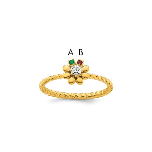 14k gold Mother's ring with two birthstone flowers and diamond accents, showcasing elegant jewelry craftsmanship.