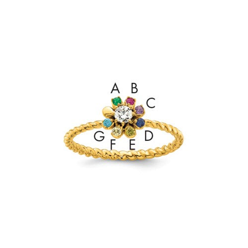 14k gold 7 birthstone flower with diamond mother’s ring mounting, featuring colorful gemstones and sparkling diamond accents.