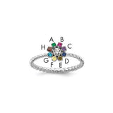 14k white gold mother's ring with eight birthstones and diamond accents, featuring a flower design and elegant mounting.