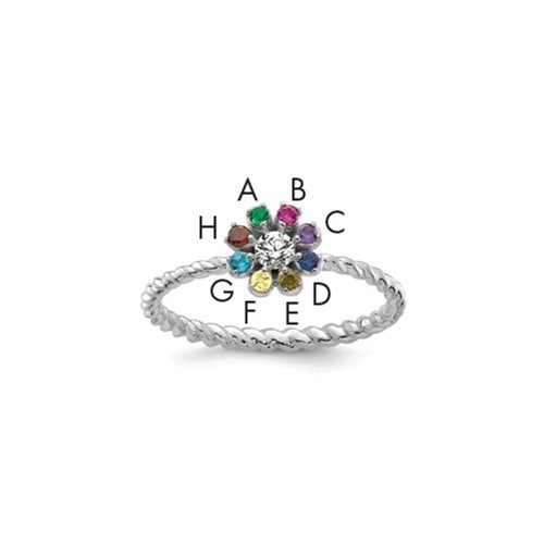 14k white gold mother's ring with eight birthstones and diamond accents, featuring a flower design and elegant mounting.