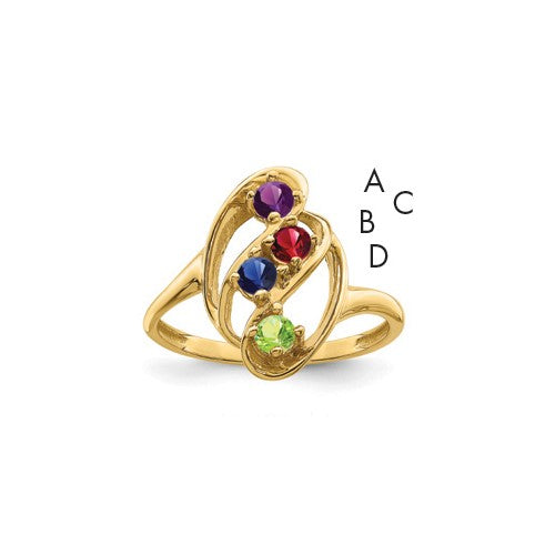 14k genuine gold mother's ring with four sparkling stones, featuring a classic design from Solomon Jewelers.
