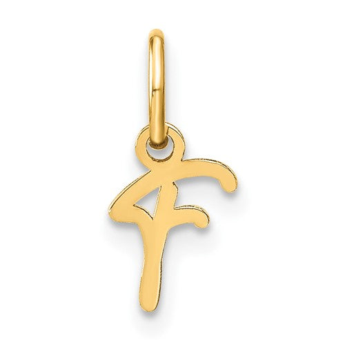 Gold 14K uppercase letter F initial charm pendant from Solomon Jewelers, showcasing a polished gold pendant with detailed letter design.