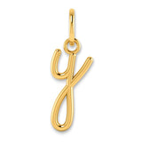 14K gold lowercase letter Y initial charm, Solomon Jewelers gold pendant with polished finish, close-up view of the jewelry piece.