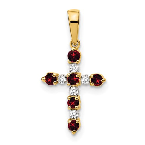 14k gold garnet and diamond cross pendant with intricate design, perfect for necklaces and jewelry collection.