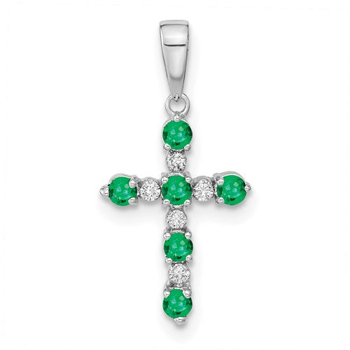 14k white gold lab-created emerald and diamond cross pendant with intricate design, featuring sparkling gemstones.