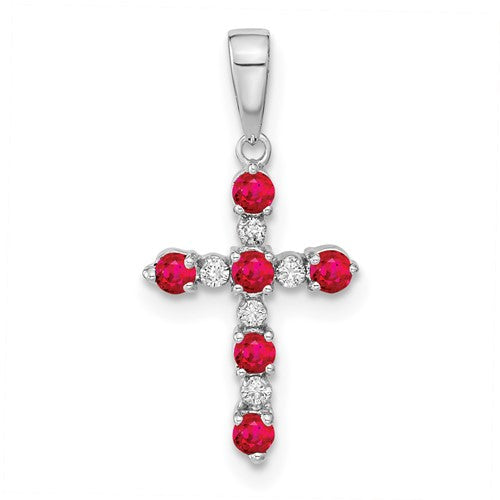 14k white gold lab-created ruby and diamond cross pendant with detailed design, jewelry piece from Solomon Jewelers.